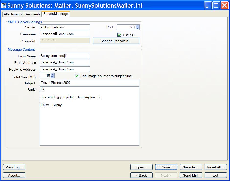 Mailer Server/Message Tab Screenshot